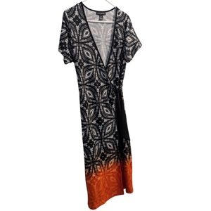 Ashley Stewart Black and Orange Patterned Wrap Dress 14/16